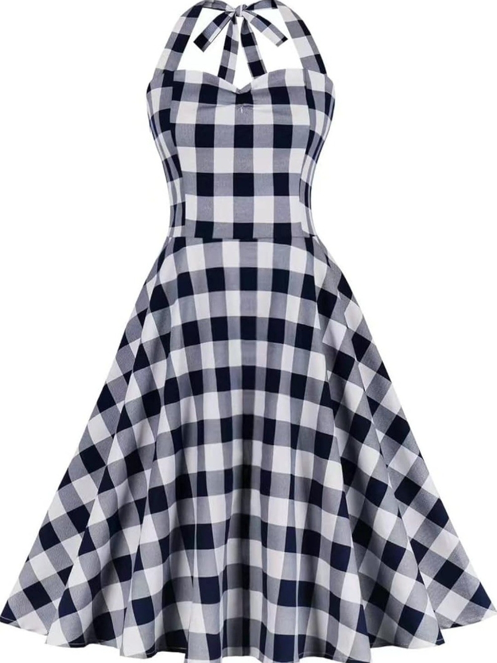 Gingham Halter Vintage inspired 1950s Rockabilly Halter Dress Black Plaid XL